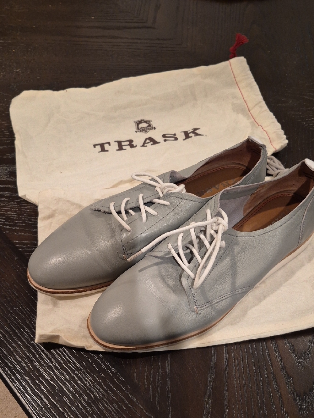 Trask Gray Leather Derby Oxfords with White Laces 9M